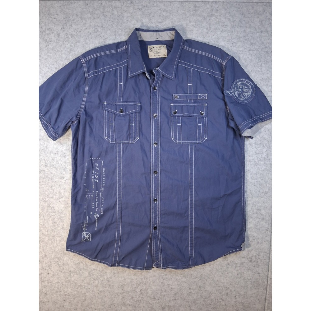 Mark Ecko Cut & Sew Mens XL Blue Button Front Utility Pocket Y2K Short Sleeve
